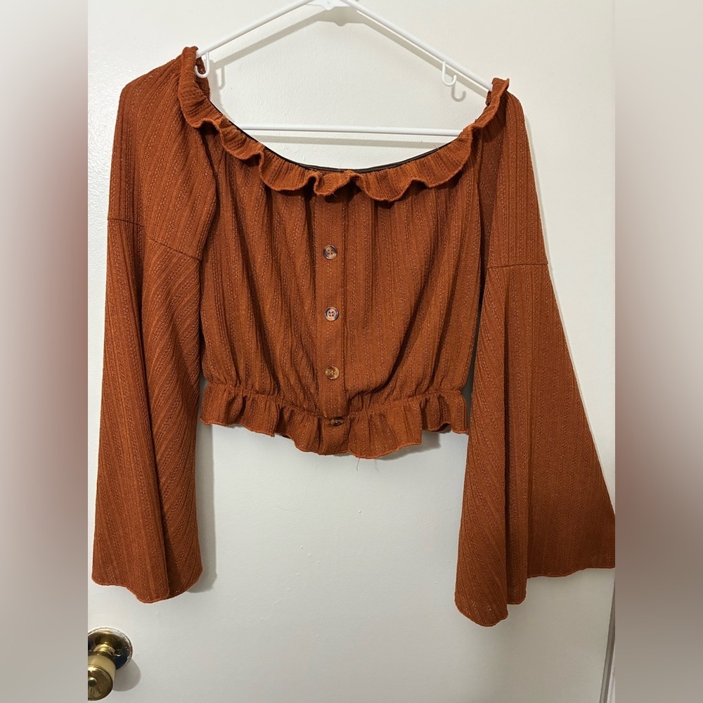 Zaful Rust Button-Up Ruffled Blouse Size M
